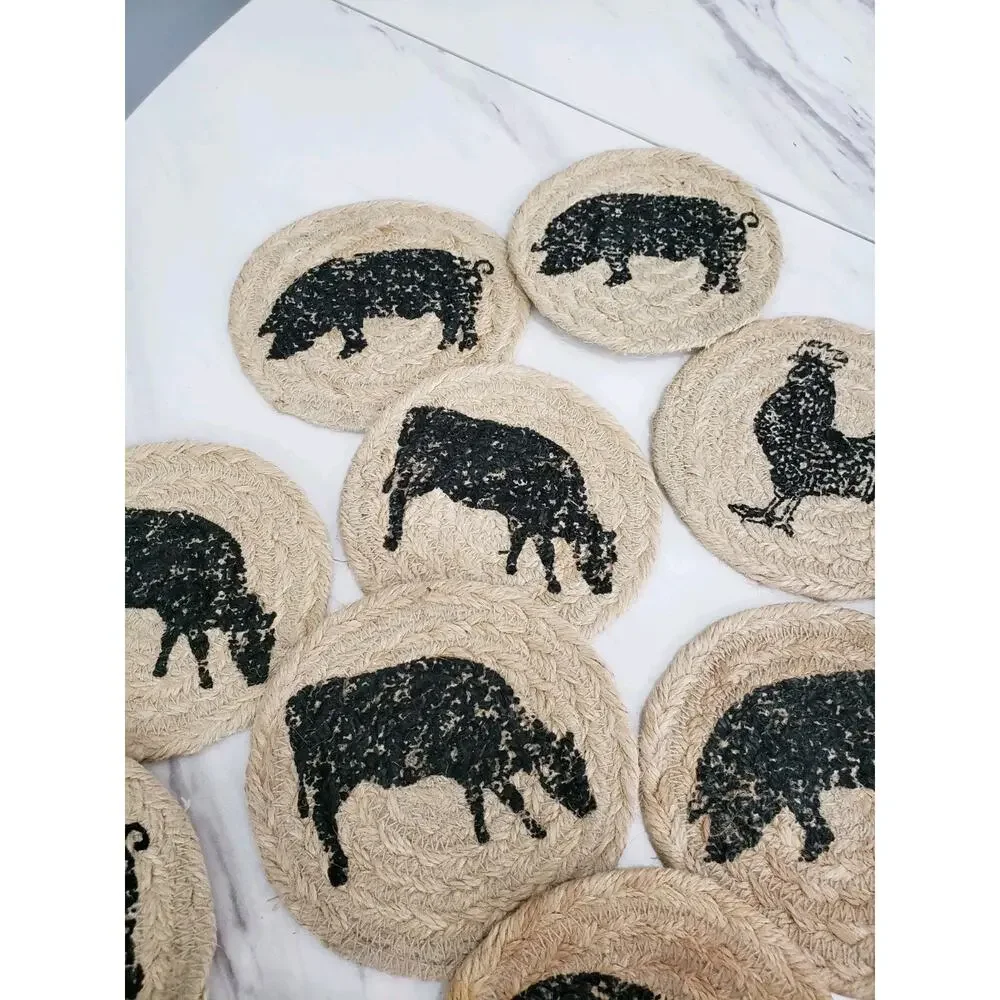 VHC Brand Coasters Cumberland Jute Rustic 4in Set of 15 Cow Chicken Pig Hen Farm